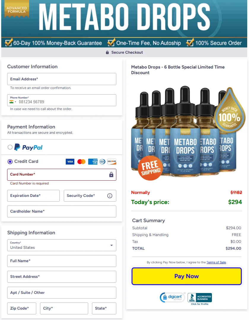 Metabo Drops secure checkout page showing 180-day money back guarantee and Trustpilot ratings.